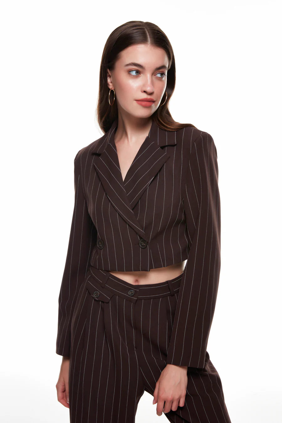 Kahverengi Çizgili Crop Ceket