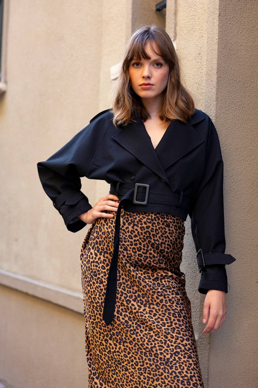 Siyah Kemerli Crop Ceket