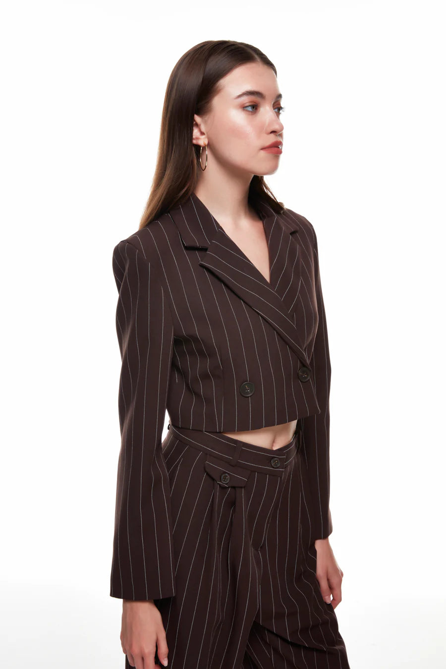Kahverengi Çizgili Crop Ceket