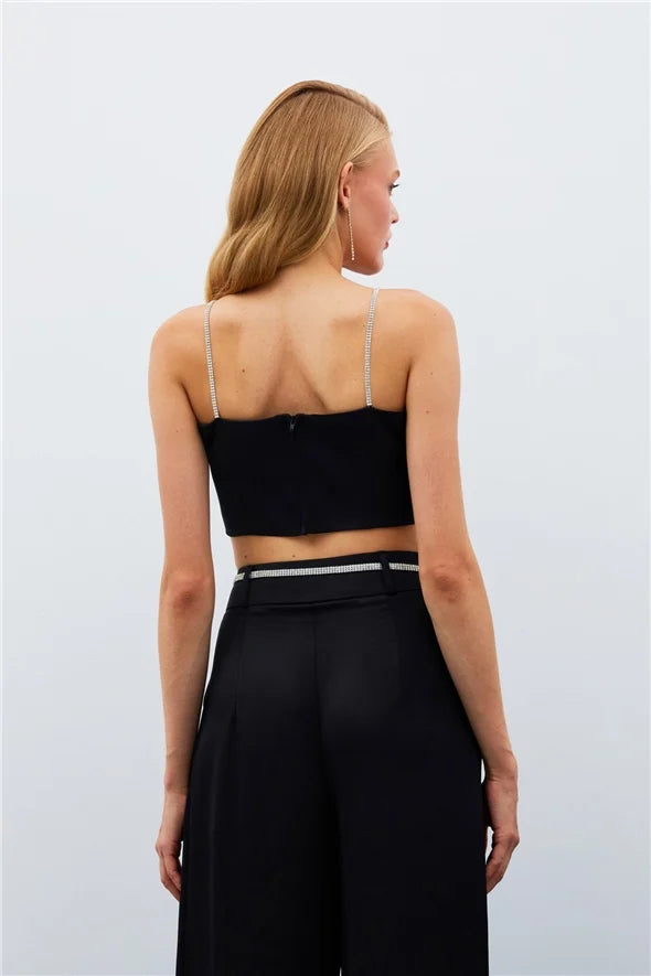 Taş Askılı Saten Crop Bluz – SİYAH