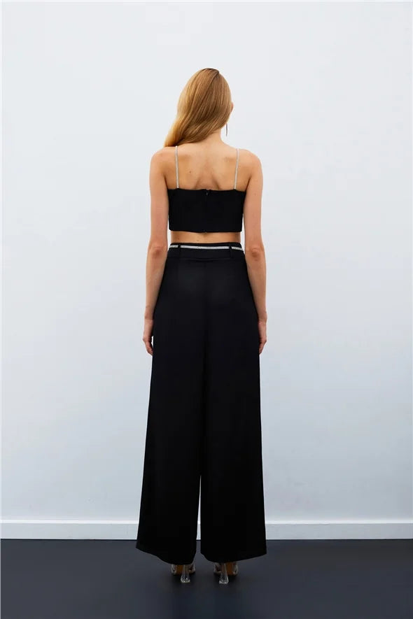 Taş Kemerli Saten Pantolon – SİYAH